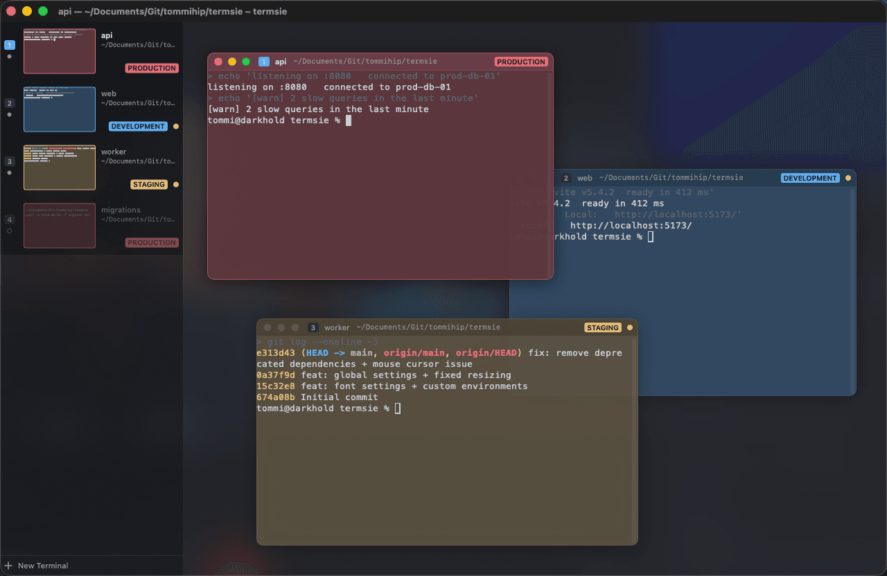 Termsie showing four floating terminals in one window, each tinted by its environment, with a sidebar listing every terminal and a live thumbnail of its screen