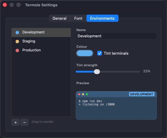 Termsie's Settings window, showing the environment manager with a list of environments, a colour well and a tint-strength slider beside a live preview
